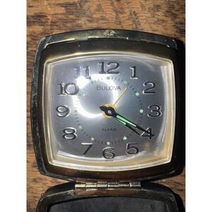 Vintage Bulova Travel Gold Tone Alarm Clock Folding Black, Plastic Case Japan